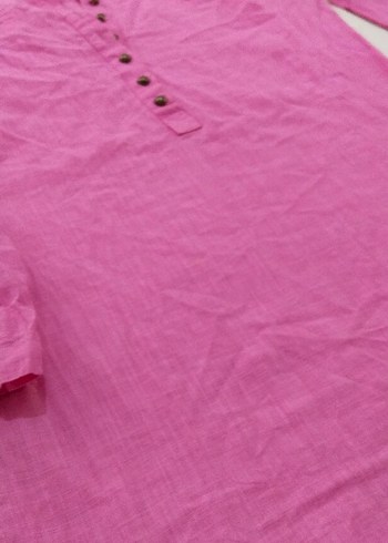 Pembe Keten V Yaka Düğmeli Kadın Gömlek - Görsel 5