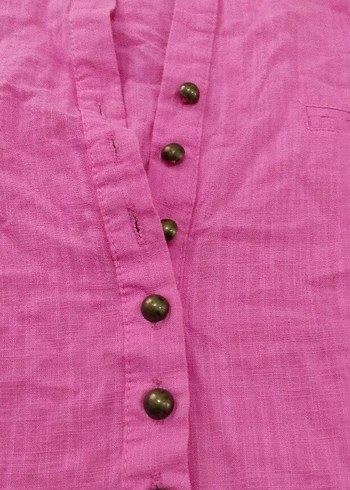 Pembe Keten V Yaka Düğmeli Kadın Gömlek - Görsel 2