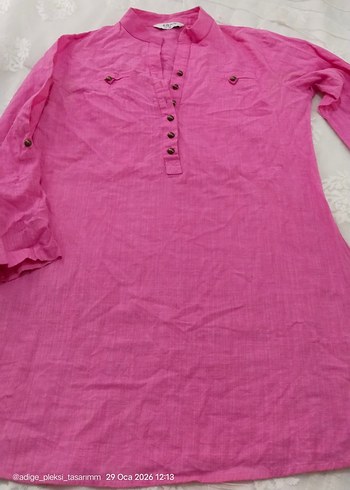 Pembe Keten V Yaka Düğmeli Kadın Gömlek - Görsel 4