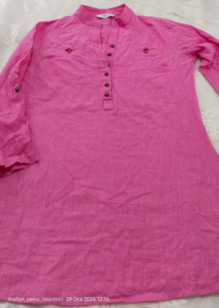 Pembe Keten V Yaka Düğmeli Kadın Gömlek - Görsel 4