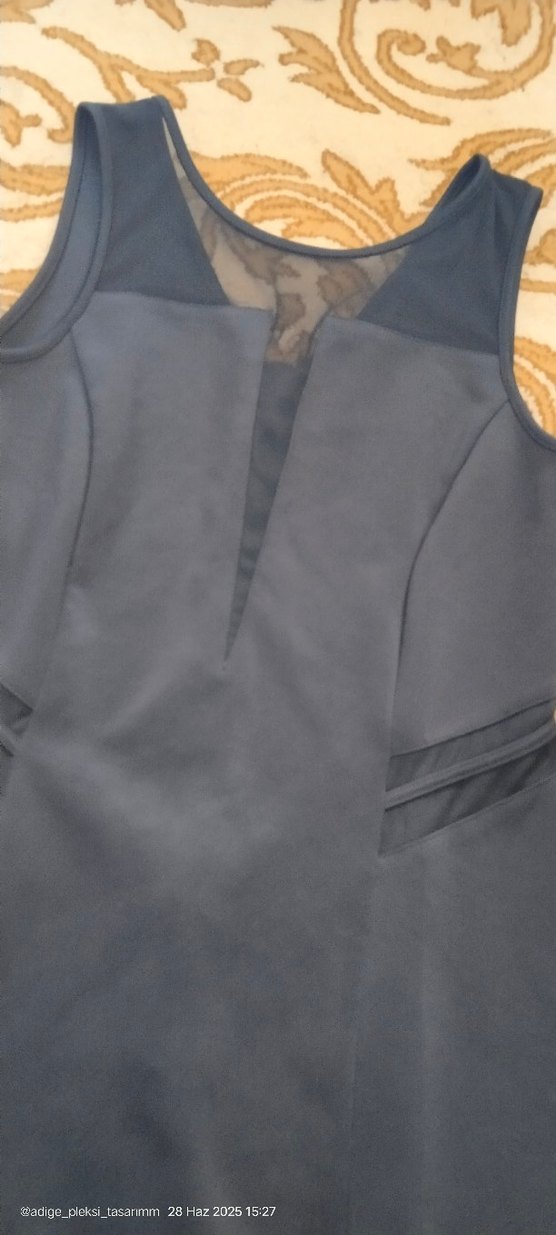 Lacivert Midi V Yakalı Drapeli Kadın Elbise - Görsel 2