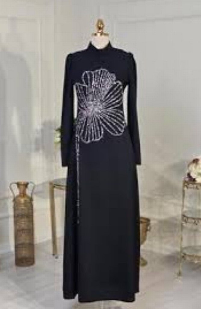 Siyah Payetli Uzun Kollu Uzun Elbise - Görsel 2