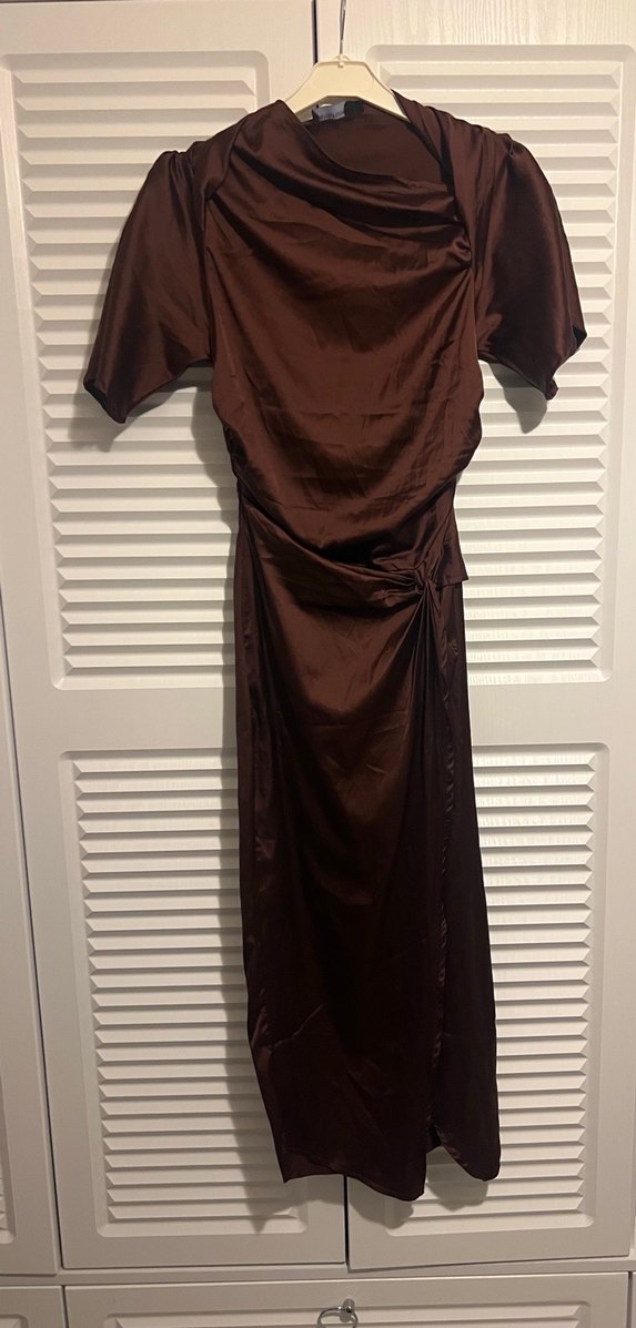 Kahverengi Drapeli Uzun Kadın Elbise - Görsel 2