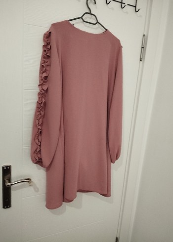 Pembe Midi Keten Tunik, Fırfırlı ve V Yakalı - Görsel 2