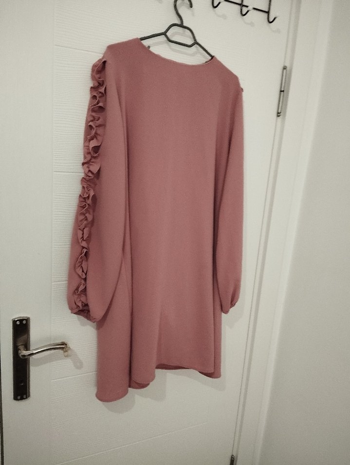 Pembe Midi Keten Tunik, Fırfırlı ve V Yakalı - Görsel 2