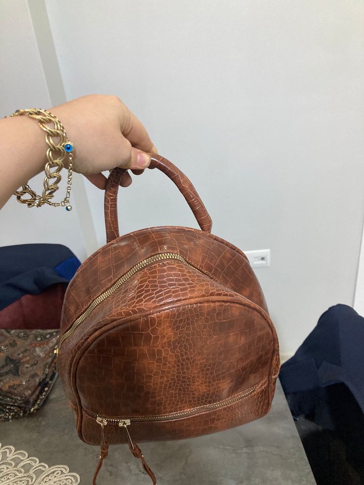 Deri Parlak Kahverengi Yılan Desenli Sırt Çantası - Görsel 2