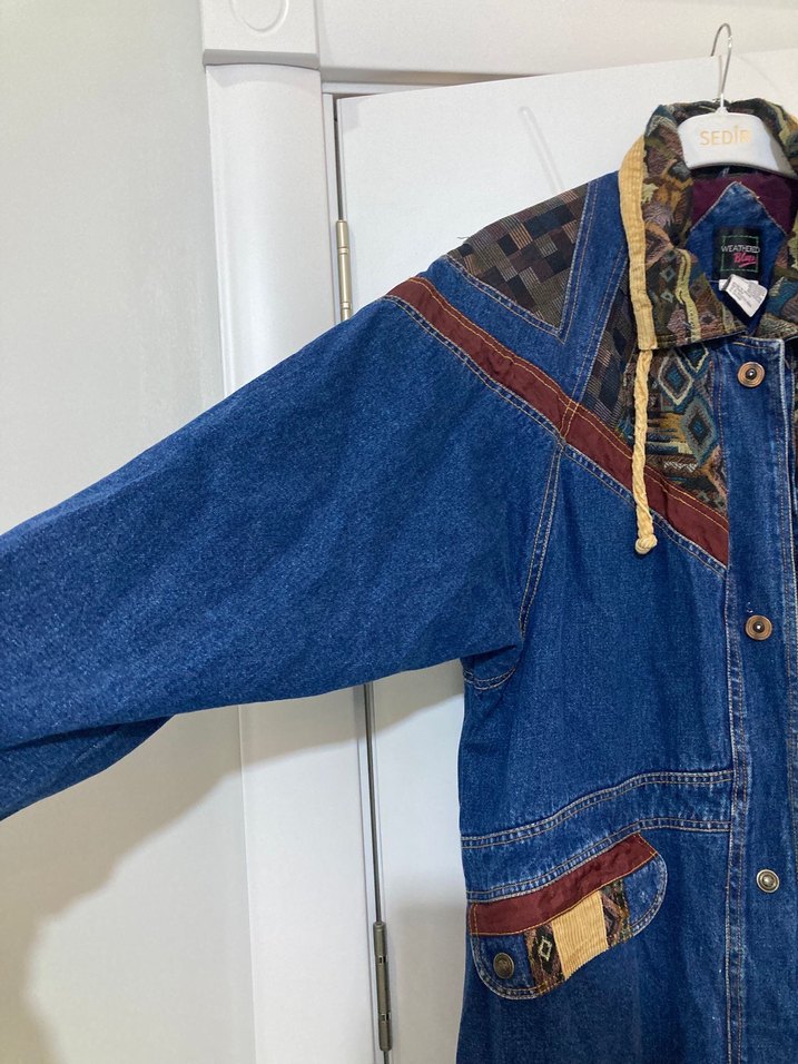 Uzun Kesim Desenli Bohem Kadın Kot Ceket - Görsel 3