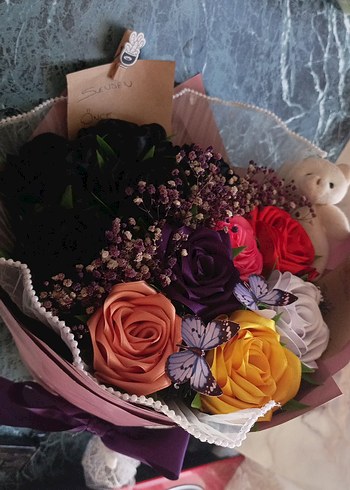 Çok Renkli Gotik Çiçek Buketi ve Ayıcık - Görsel 6