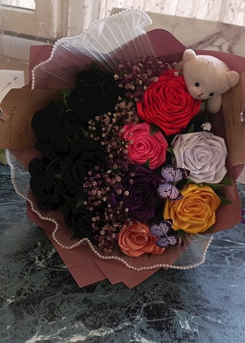Çok Renkli Gotik Çiçek Buketi ve Ayıcık - Görsel 3