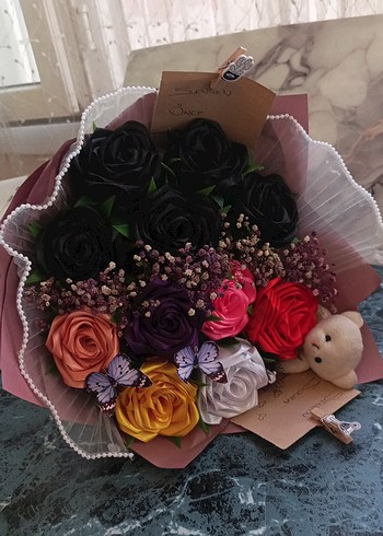 Çok Renkli Gotik Çiçek Buketi ve Ayıcık - Görsel 2