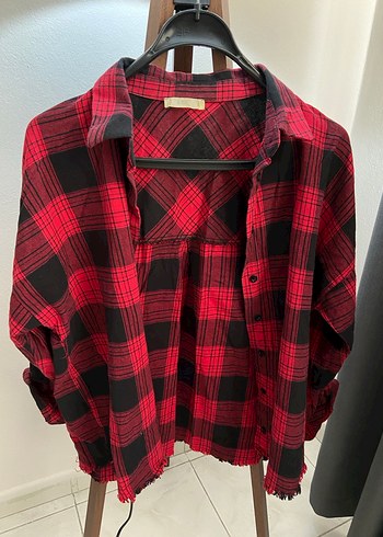 Kadın Kırmızı Kareli Düğmeli Salaş Gömlek - Görsel 2