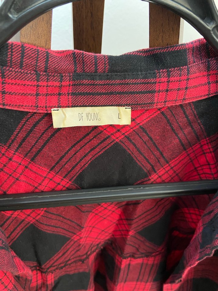 Kadın Kırmızı Kareli Düğmeli Salaş Gömlek - Görsel 3