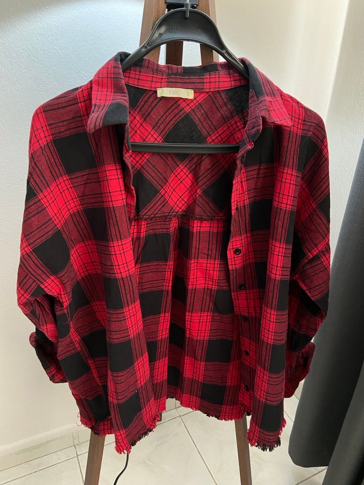 Kadın Kırmızı Kareli Düğmeli Salaş Gömlek - Görsel 2