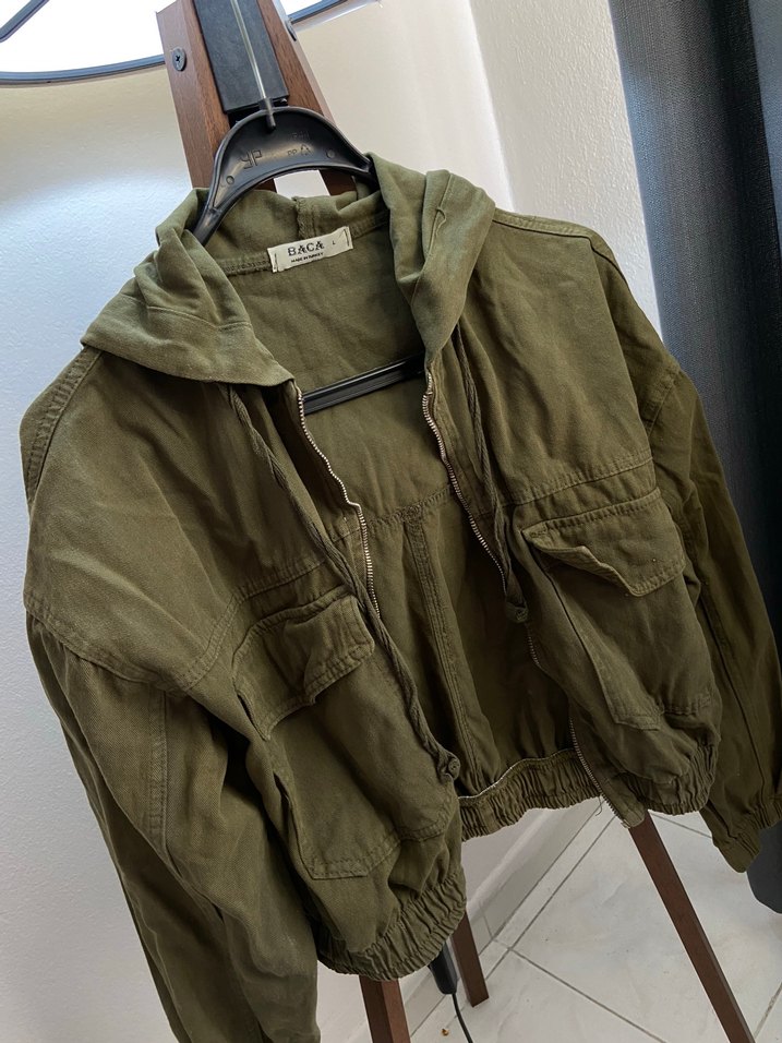 Kadın Haki Kapüşonlu Keten Ceket - Görsel 2