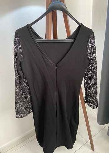 Dantel Kollu Siyah Midi Elbise - Görsel 3