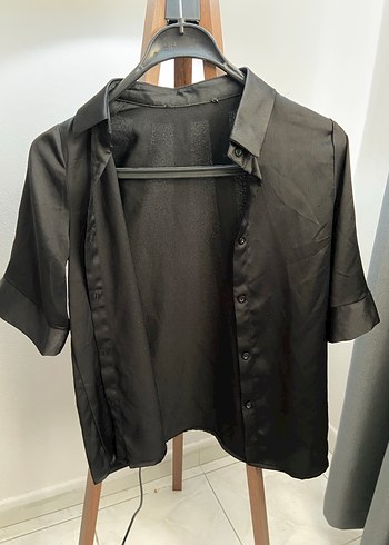 Siyah Kadın Düğmeli Kısa Kollu Gömlek - Görsel 2