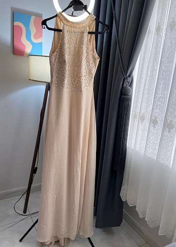 Bej Uzun Drapeli Kadın Abiye Elbise - Görsel 2