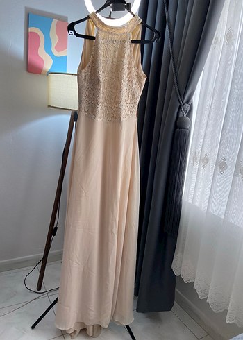 Bej Uzun Drapeli Kadın Abiye Elbise - Görsel 3