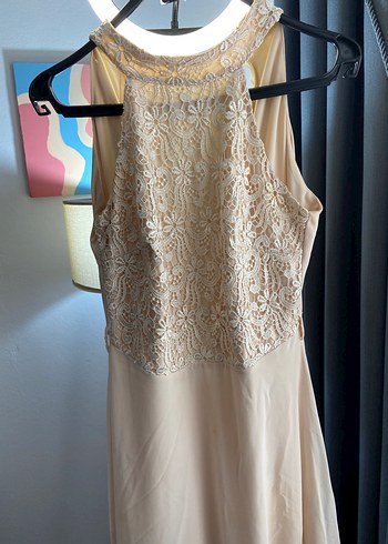 Bej Uzun Drapeli Kadın Abiye Elbise - Görsel 4