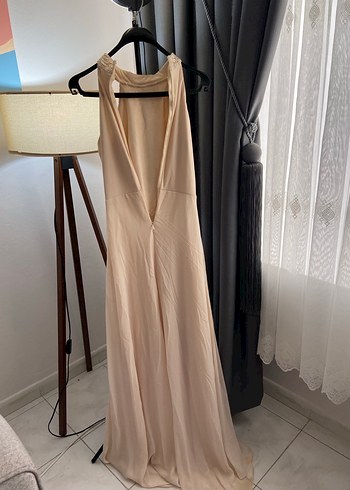 Bej Uzun Drapeli Kadın Abiye Elbise - Görsel 6