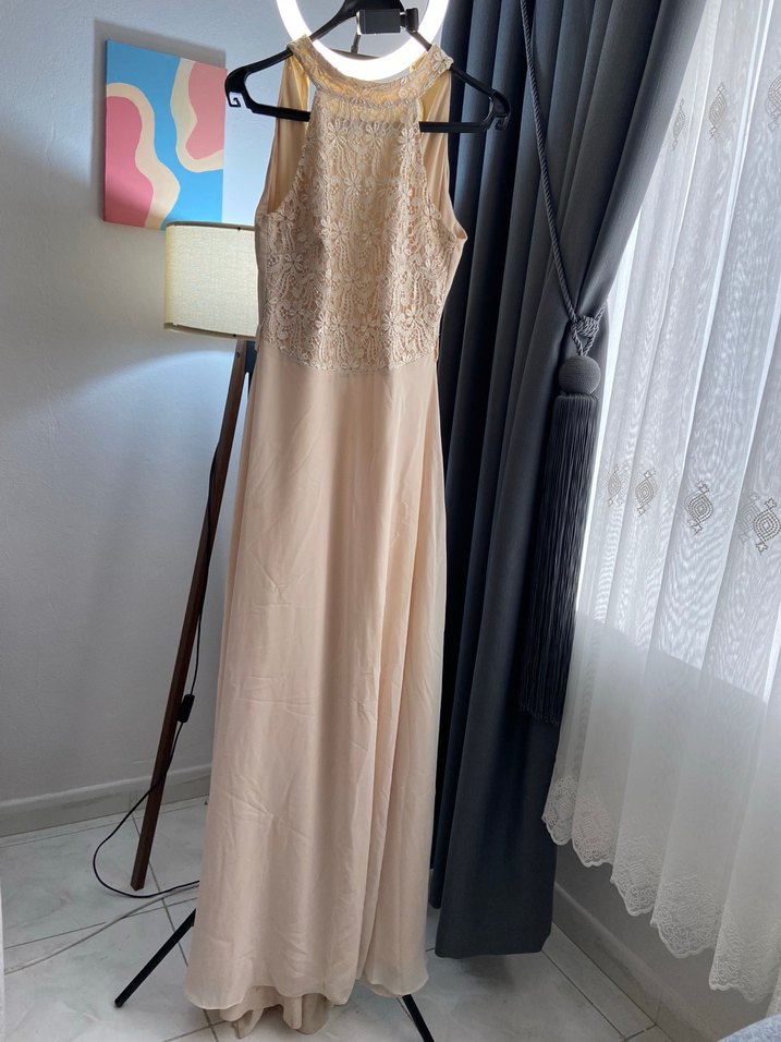 Bej Uzun Drapeli Kadın Abiye Elbise - Görsel 3