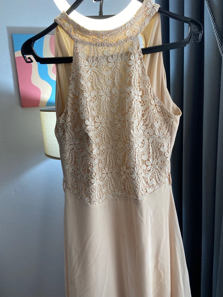 Bej Uzun Drapeli Kadın Abiye Elbise - Görsel 4