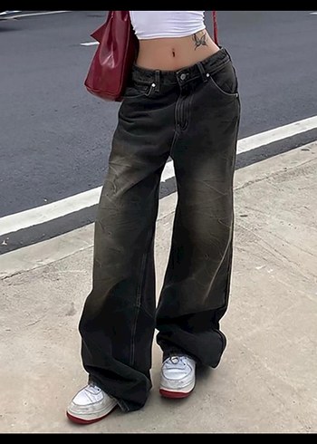 Kadın Siyah Geniş Paça Denim Pantolon