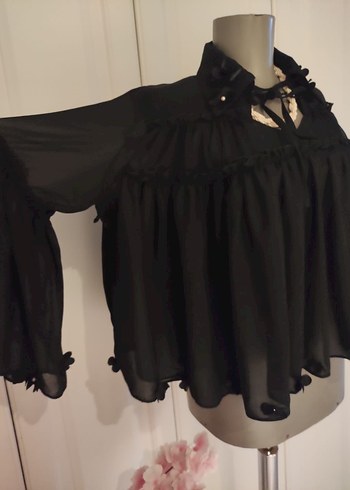 Uzun Kollu Siyah Gotik Mini Bluz - Görsel 4