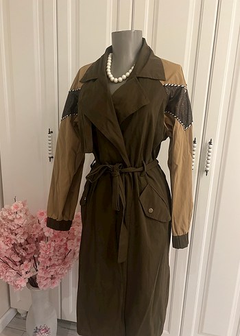 Kahverengi Kamuflaj Desenli Deri Trençkot - Görsel 8