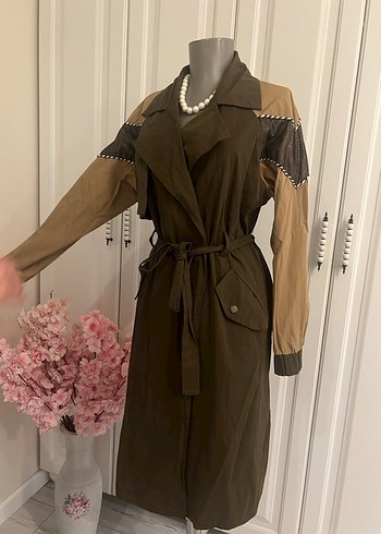 Kahverengi Kamuflaj Desenli Deri Trençkot - Görsel 7