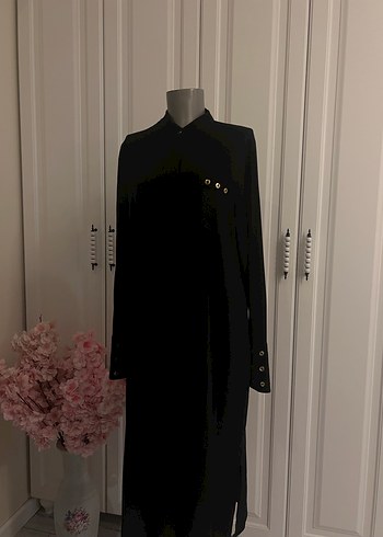 Düğmeli Siyah Uzun elbise tunik - Görsel 5