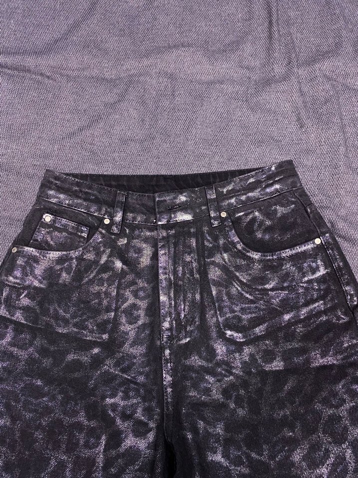 siyah leopar Desenli Deri Kadın Pantolon - Görsel 2