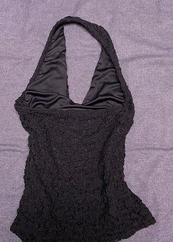 Dantel Detaylı siyah Halter Yaka Crop Top - Görsel 3