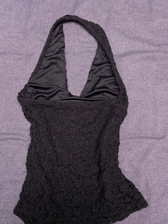 Dantel Detaylı siyah Halter Yaka Crop Top - Görsel 3