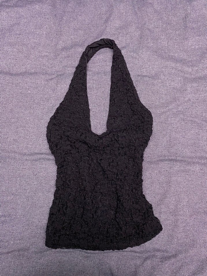 Dantel Detaylı siyah Halter Yaka Crop Top - Görsel 2