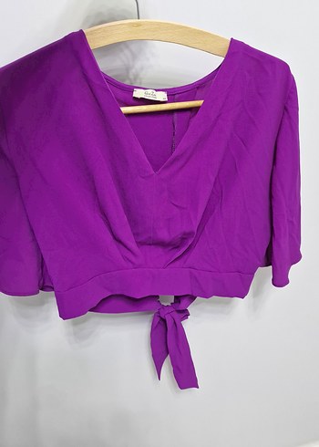 Mor V Yaka Kuşaklı Kadın Bluz - Görsel 2