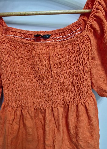 Defacto turuncu Kısa Kollu Pilili Keten Bluz - Görsel 3