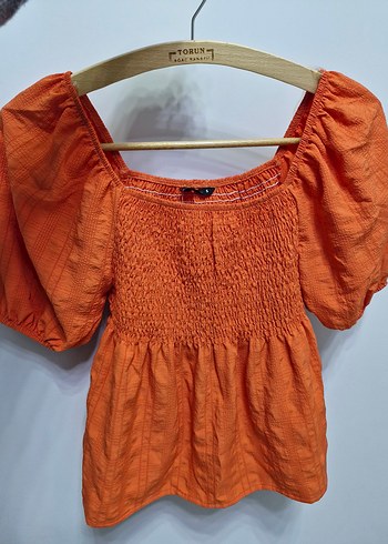 Defacto turuncu Kısa Kollu Pilili Keten Bluz - Görsel 2