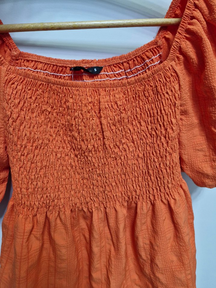 Defacto turuncu Kısa Kollu Pilili Keten Bluz - Görsel 3