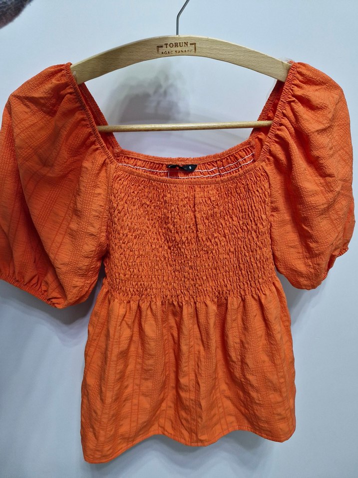 Defacto turuncu Kısa Kollu Pilili Keten Bluz - Görsel 2