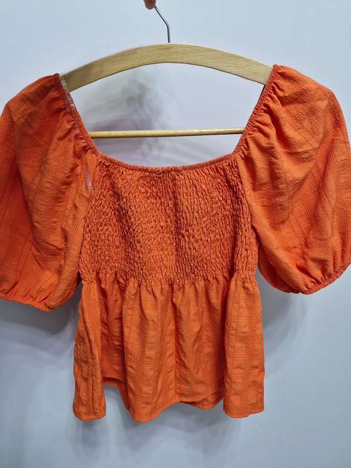 Defacto turuncu Kısa Kollu Pilili Keten Bluz - Görsel 4