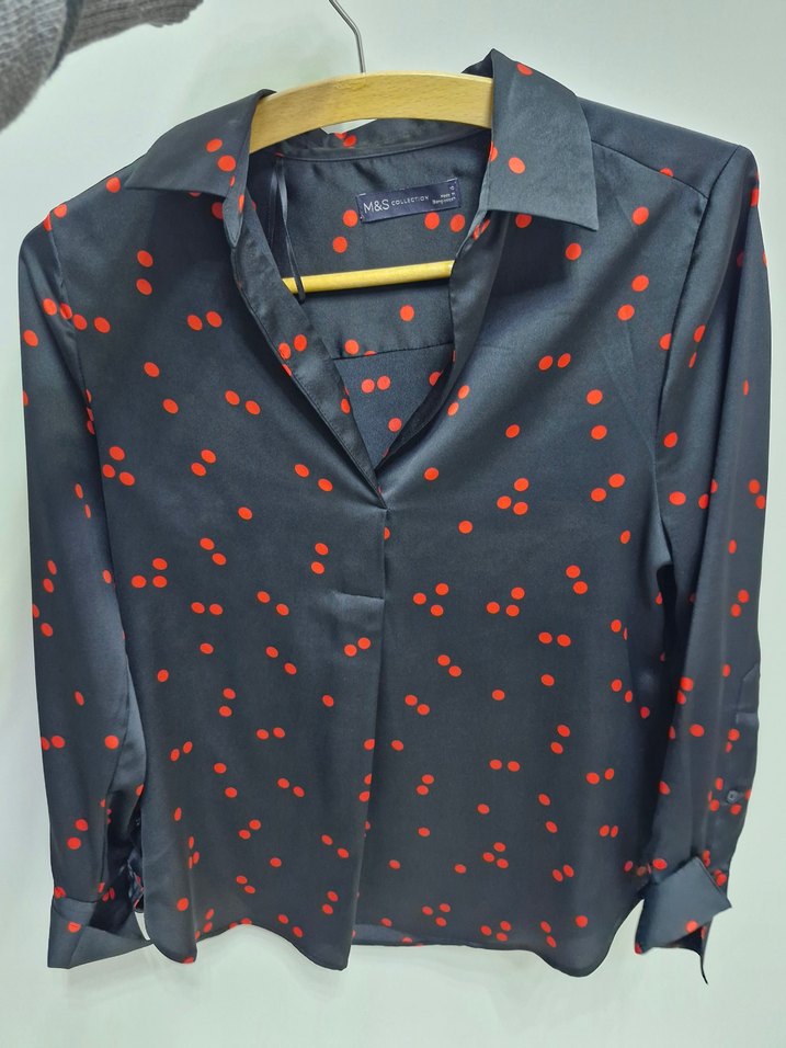 M&S Kırmızı Puantiyeli Uzun Kollu Kadın Gömlek - Görsel 2