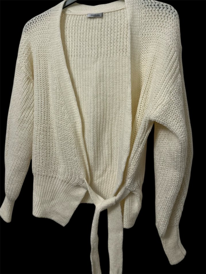 Kadın Örgü Beyaz Hırka, Uzun Kollu, Salaş - Görsel 2