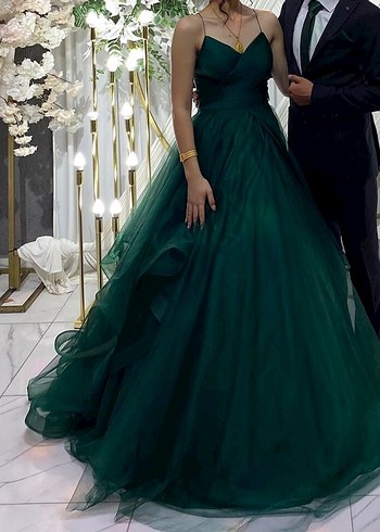 Koyu Yeşil Uzun Abiye Elbise - Görsel 4