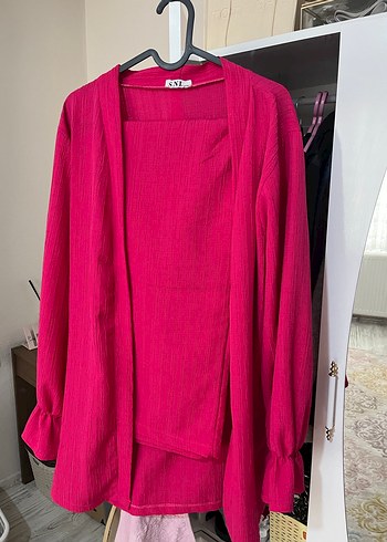 Piliseli Uzun Kollu Pembe Kadın hırka takım - Görsel 3