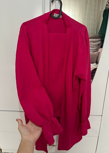 Piliseli Uzun Kollu Pembe Kadın hırka takım - Görsel 2