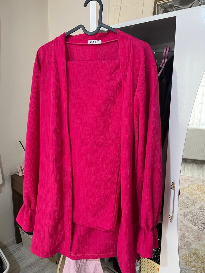 Piliseli Uzun Kollu Pembe Kadın hırka takım - Görsel 3