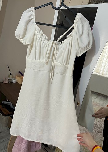 V Yaka Beyaz Midi Keten Elbise - Görsel 2