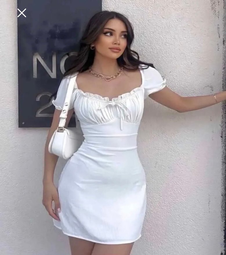 V Yaka Beyaz Midi Keten Elbise - Görsel 4