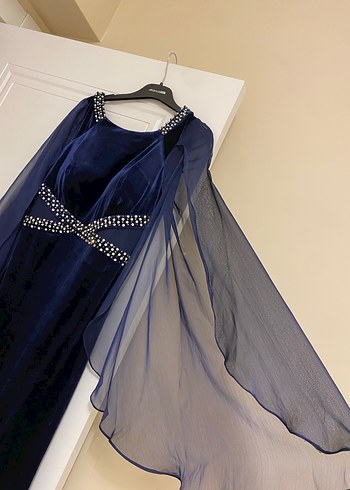 Kadın Lacivert Uzun Kollu Drapeli Abiye Elbise - Görsel 2